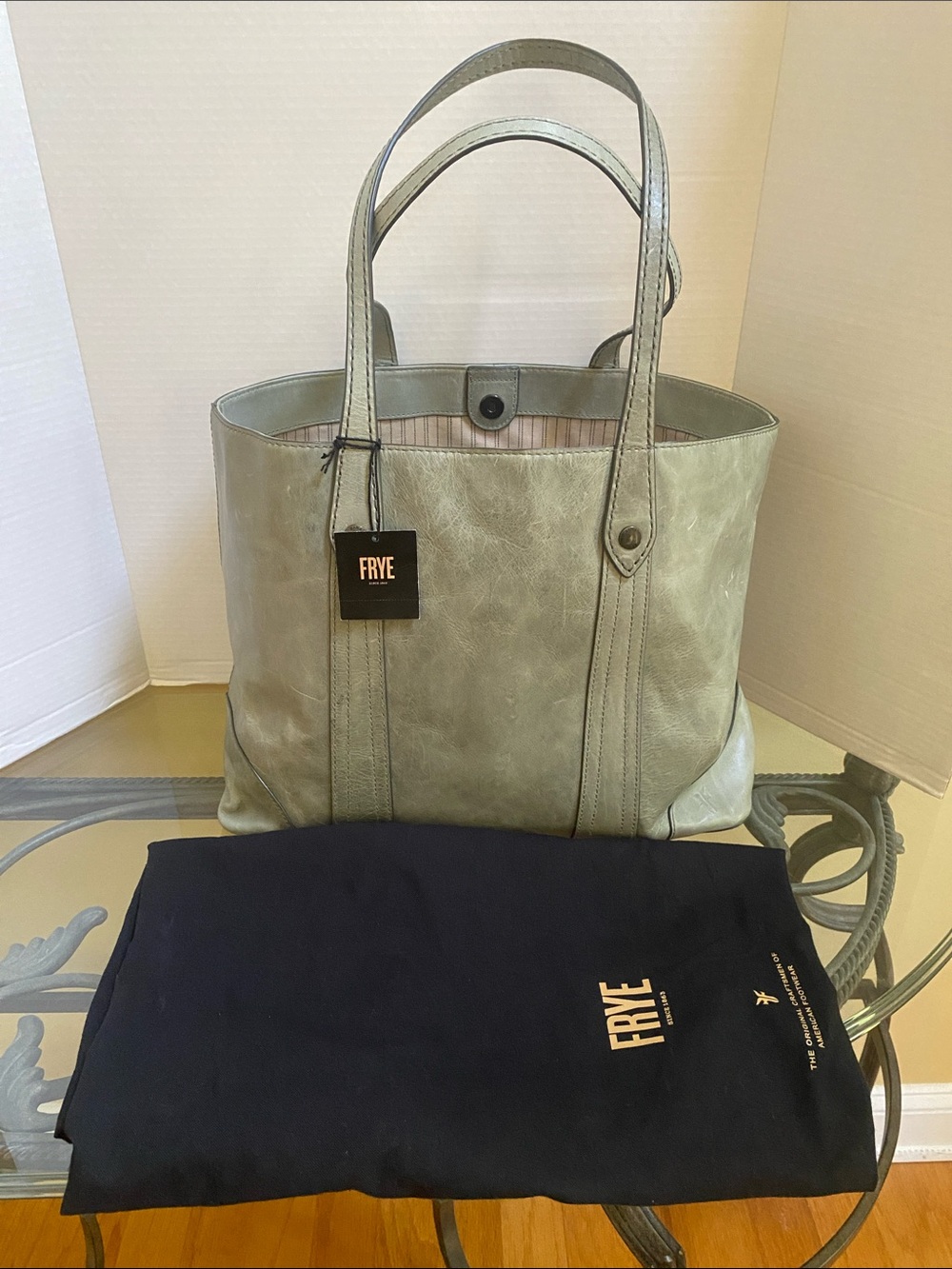 NWT FRYE $358 Fern Sage Green Distressed Leather Shoulder Tote w/Frye Duster bag - Picture 2 of 14